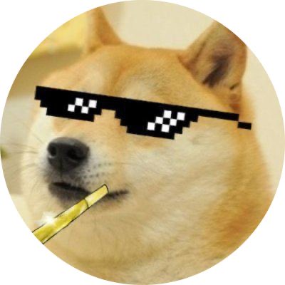 A circular pin or badge features the face of a Shiba Inu dog wearing pixelated black 'deal with it' sunglasses and smoking a glowing cigarette.