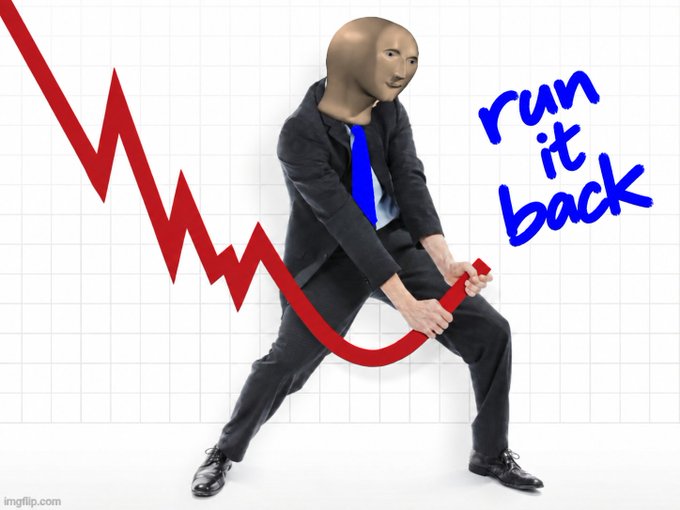 A businessman in a suit grips a downward-trending red line graph, with the text "run it back" in blue beside him—visually symbolizing the post's call to reverse the declining trend on $BASE.