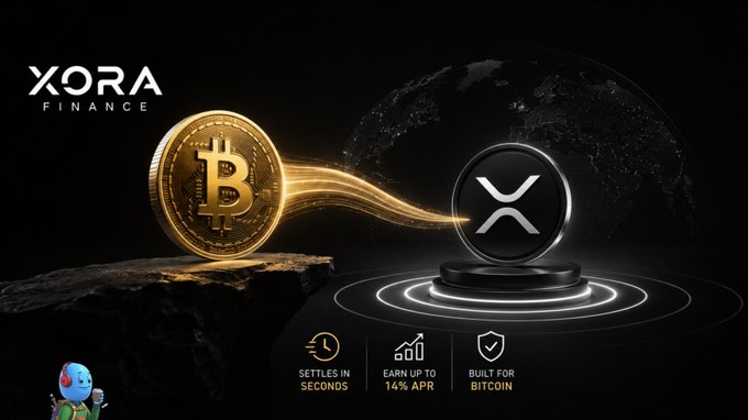 A promotional graphic for XORA Finance features a glowing gold Bitcoin coin on a cliff connected by an energy stream to an XRP token on a futuristic platform, highlighting their service with text reading "SETTLES IN SECONDS," "EARN UP TO 14% APR," and "BUILT FOR BITCOIN." The image visually reinforces the post's message by illustrating how Bitcoin can be made more useful through conversion or lending into XRP-based financial products.