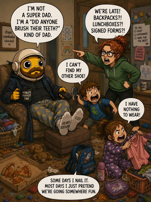 A humorous cartoon depicting a chaotic morning scene where a dad in pajamas and a helmet sits in a chair while his frustrated wife and children rush around him looking for shoes, backpacks, and lunchboxes, with the dad joking 'I'm not a super dad, I'm a "did anyone brush their teeth?" kind of dad.'