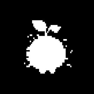 A white pixel art apple icon with two leaves on a black background.