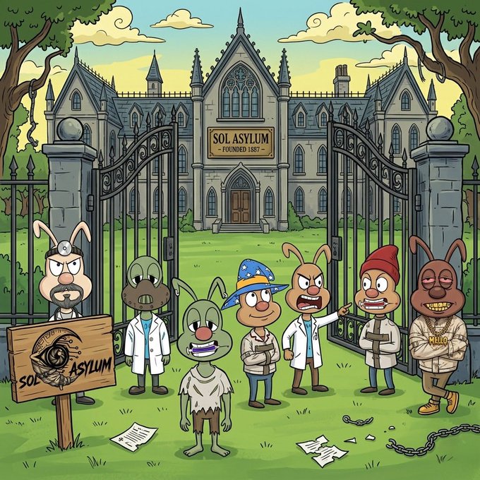 A cartoon illustration depicts a group of strange, rabbit-like characters dressed as doctors and patients standing outside the gates of 'SOL ASYLUM,' a gothic-style building founded in 1867.