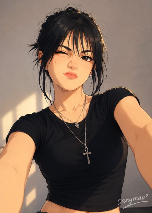 An anime-style illustration of a young woman with dark hair winking, wearing a black t-shirt and an ankh necklace, signed by artist Sanymao.