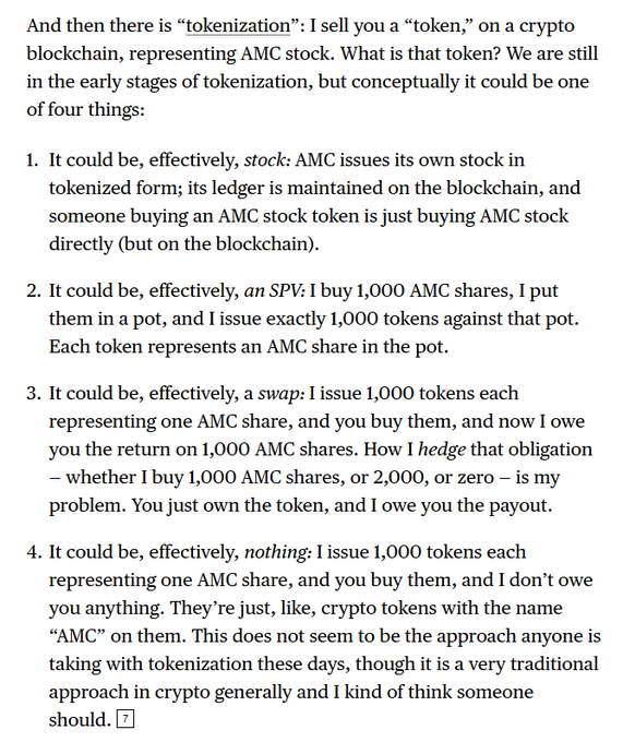 A text excerpt explaining the concept of 'tokenization' in relation to AMC stock, listing four possible approaches: effectively stock, an SPV, a swap, or nothing.