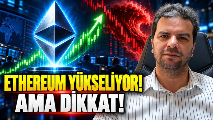 A crypto-news thumbnail shows a man beside Ethereum’s logo, rising green and falling red market charts, and the Turkish headline “ETHEREUM YÜKSELİYOR! AMA DİKKAT!” (“Ethereum is rising! But be careful!”). It illustrates the post’s discussion of ETH rising toward $2,450 amid short liquidations and increased institutional interest from JPMorgan and others.