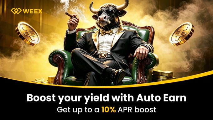 A wealthy bull in a suit lounges on a throne surrounded by gold coins and smoke, promoting WEEX's "Auto Earn" feature with up to a 10% APR boost, aligning with the post's call to enable Auto Earn deposits for yield enhancement during the bull market event.