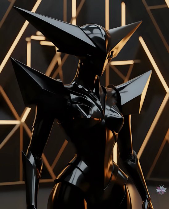 A glossy black futuristic female figure with sharp, angular features and pointed protrusions stands against a dark background illuminated by golden geometric light lines.