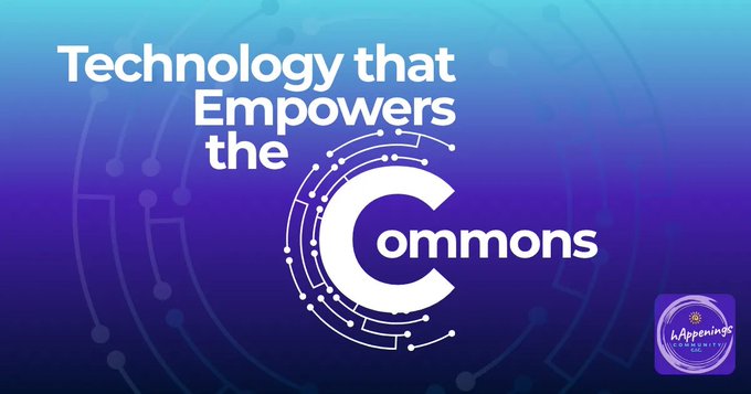 The image features a blue background with white text, which reads "Technology that Empowers the Commons" followed by an explanation of how technology can be used for collective coordination instead of individual extraction. The text also includes a small purple circle containing a white dot in the center and a small black circle at the bottom right corner.