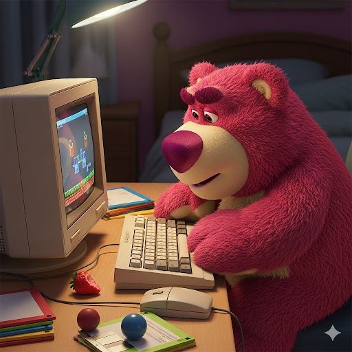 A 3D-rendered image of a pink, furry bear-like character (resembling Lots-o'-Huggin' Bear from Toy Story) sitting at a desk using a vintage CRT computer with a keyboard and mouse, with a strawberry and colorful balls on the desk.