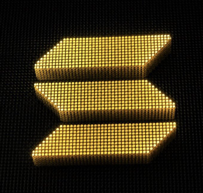 A 3D digital rendering of three stacked, golden, arrow-shaped bars or lights made of small dots, set against a dark textured background.