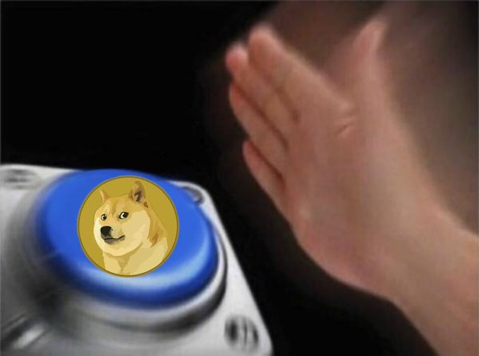 A hand reaching toward a large blue button with a Dogecoin (Shiba Inu) logo on it, set against a dark background.