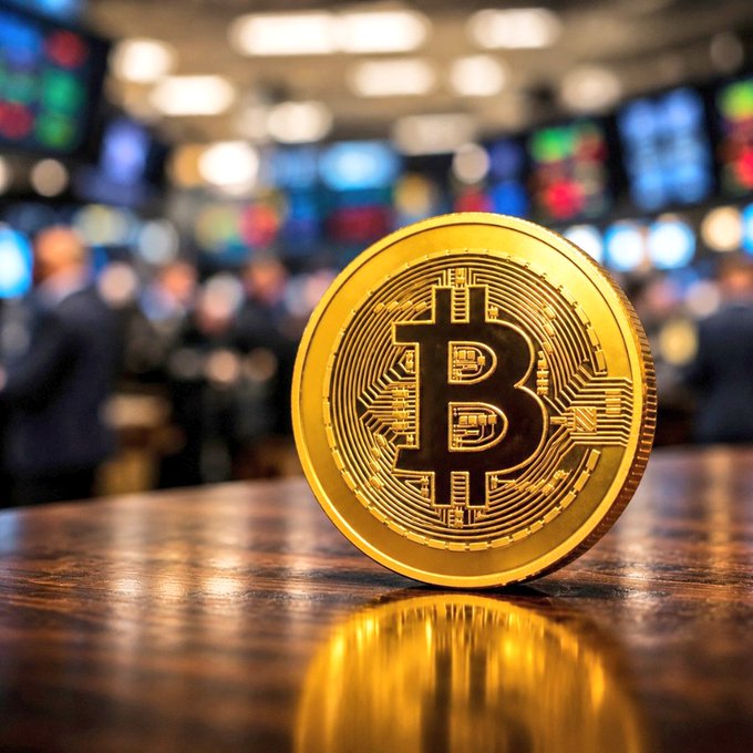 A golden Bitcoin coin stands upright on a wooden surface with a blurred background showing multiple screens and figures, resembling a trading floor.