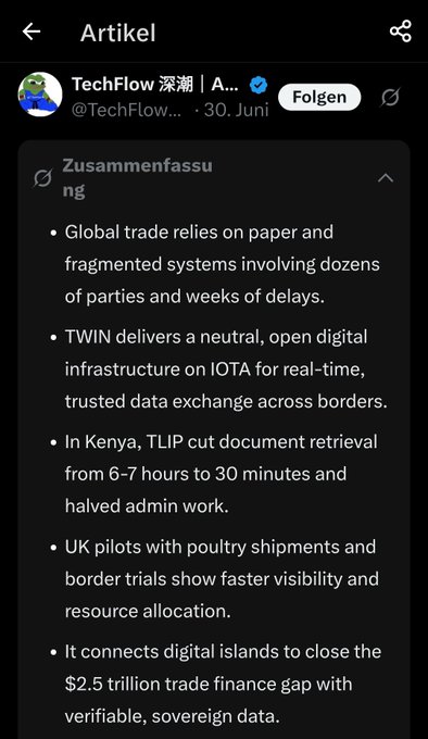 A dark-themed social media post in German from 'TechFlow 深渊' discussing TWIN, a neutral digital infrastructure on IOTA for cross-border trade, mentioning TLIP pilot results in Kenya and UK trials.