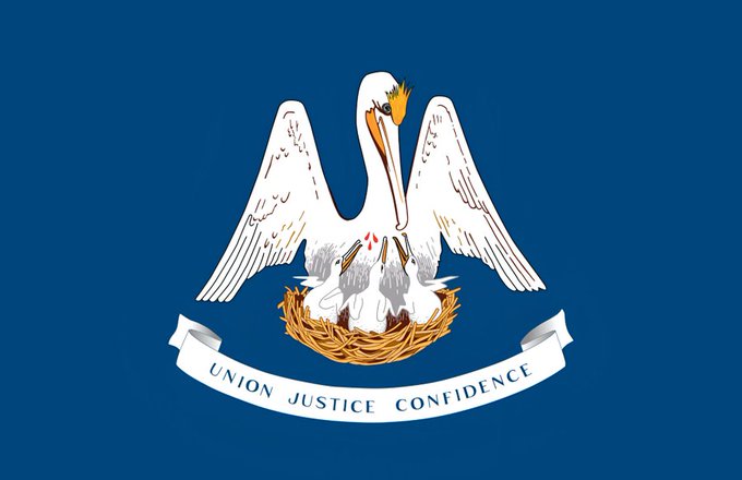 The Louisiana state flag, featuring a white pelican feeding its young in a nest with the motto 'UNION JUSTICE CONFIDENCE' on a banner.