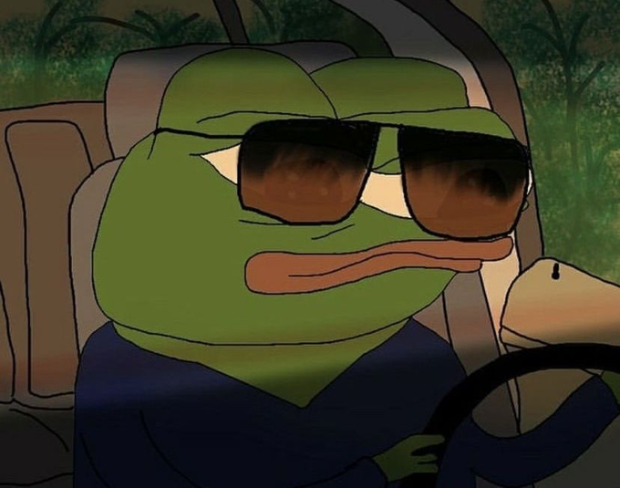The image shows the popular "Pepe Frog in Sunglasses" meme, depicting the green cartoon frog looking cool and unbothered while behind the wheel of a car. This image fits the post's memecoin recap as it relates to the Wassie & Pepo artist connection mentioned, with the chill, confident frog vibe matching the bullish tone of the daily meme coin market recap hitting higher ceilings.