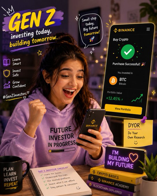 A young woman in a "Future Investor In Progress" hoodie smiles excitedly at her phone displaying a Binance app "Purchase Successful!" notification showing a $12.45% portfolio gain after investing in BTC Bitcoin, with a "GEN Z investing today, building tomorrow" headline and a "Small step today, Big future tomorrow" speech bubble.

The image illustrates the post's point about Gen Z's natural adoption of mobile-first investing—a student casually adding crypto to her routine like any other phone-based activity, reinforced by her "#GenZInvestors" hoodie and "Plan, Learn, Invest, Repeat" coffee mug surrounded by beginner crypto guides.
