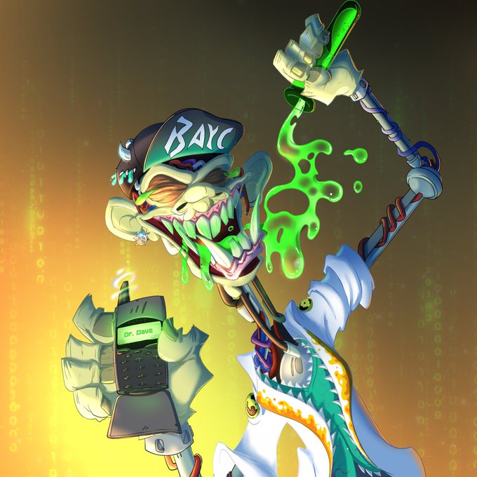 Cartoon artwork of a BAYC (Bored Ape Yacht Club) NFT character wearing a hat, with green liquid dripping from its mouth, holding a test tube and a small device labeled 'Dr. Dave'.