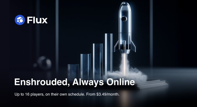 A promotional image for Flux featuring a metallic rocket launching from a bar graph with the text "Enshrouded, Always Online" and "Up to 16 players, on their own schedule. From $3.49/month." The rocket imagery symbolizes the launch and growth of dedicated game server hosting, specifically advertising Flux's ability to keep the game Enshrouded's world continuously available for multiplayer sessions.