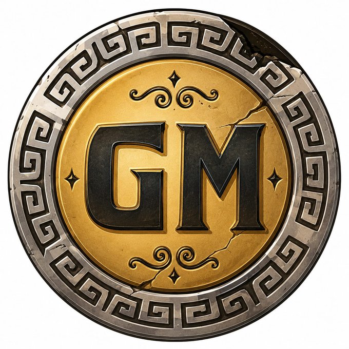 A circular gold and silver coin or emblem featuring the letters 'GM' in the center, surrounded by a Greek key/meander pattern border.