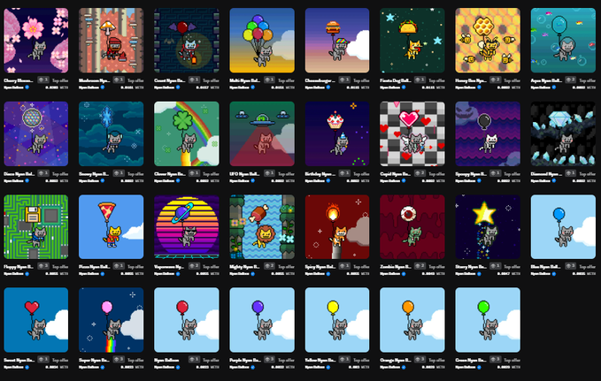 A grid of NFT collection thumbnails featuring various pixel-art cat and dog characters in different themed scenes, with collection names and 'Top offer' labels beneath each tile.