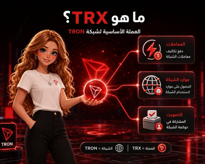 An illustrated woman holds a glowing TRON (TRX) logo alongside a red infographic listing its key uses: transaction fees, network resources, and voting for network representatives, as a TRX is defined as the main currency of the TRON network.
