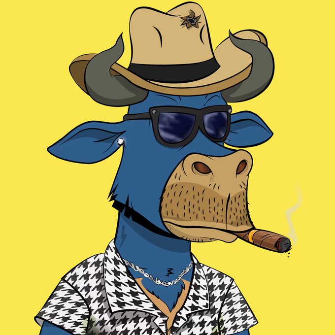 An illustrated NFT-style blue bull wearing sunglasses, a cowboy hat, and a houndstooth jacket, smoking a cigar against a yellow background.