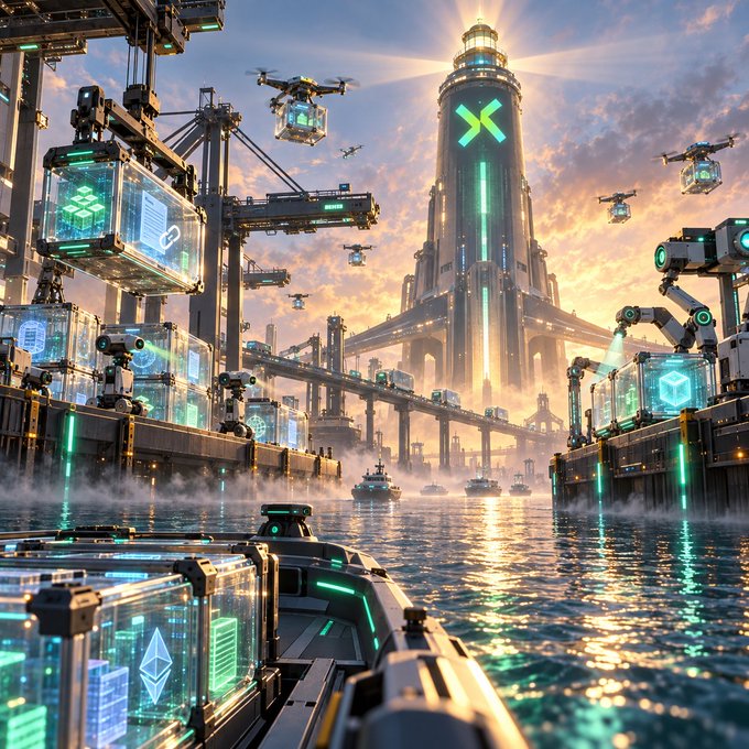 A futuristic sci-fi cityscape at sunset features a central tower marked with a glowing green 'X' logo, surrounded by drones, industrial cranes, and glowing green technological displays over water.