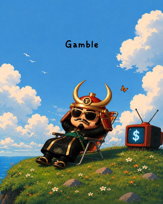 A whimsical digital illustration of a cartoon samurai wearing sunglasses, sitting in a beach chair on a grassy cliff next to an old-fashioned television displaying '$', with the word 'Gamble' above.