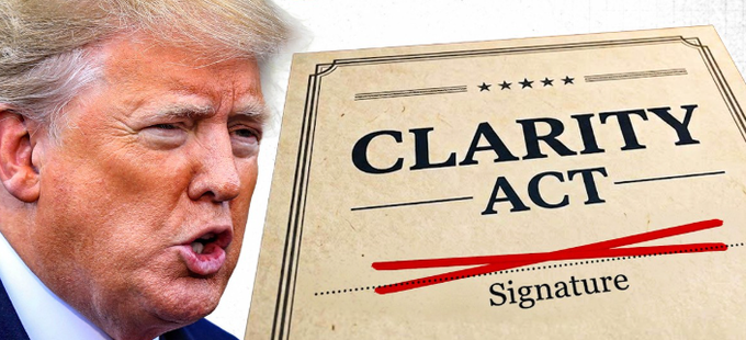 Donald Trump appears next to a document titled "CLARITY ACT" with the word "Signature" crossed out in red, symbolizing a postponed vote.