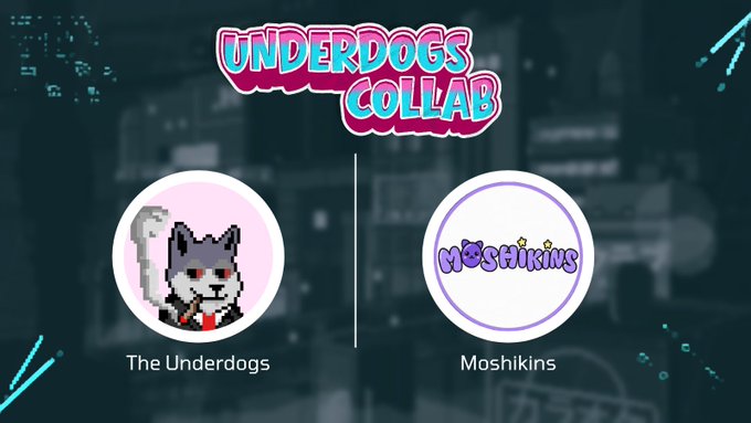 Promotional graphic for the "MoshiKins × The Underdogs" collaboration giveaway, featuring pixel-art cat logos for both "The Underdogs" and "Moshikins" projects beneath a stylized "UNDERDOGS COLLAB" header, advertising 3 guaranteed spots for a 2,222 supply NFT drop on Robinhood Chain via OpenSea.