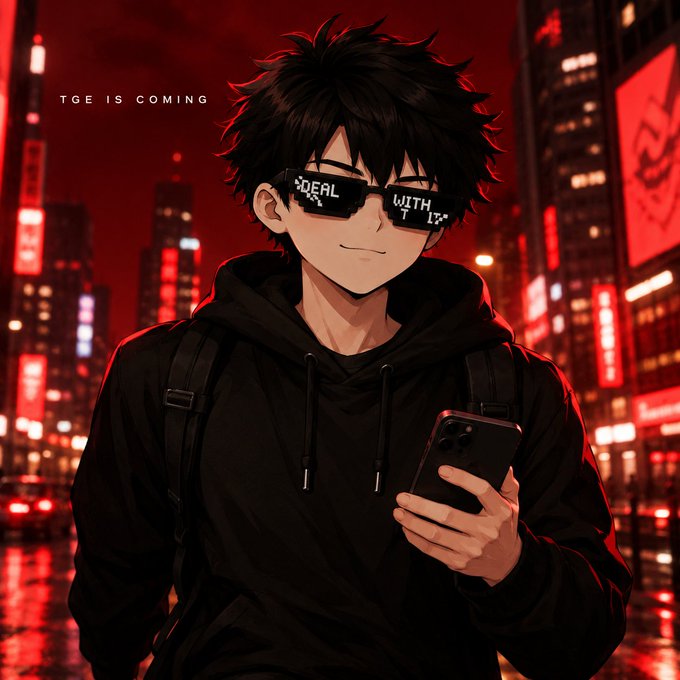 An anime-style illustration depicts a young man with messy black hair wearing pixelated sunglasses labeled 'DEAL WITH IT' and a black hoodie, holding a smartphone against a neon red cityscape backdrop with partial text 'TGE IS COMING'.