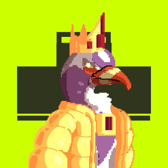 A pixel art illustration of a regal, crowned pigeon-like character with a gray head, orange beak, and golden vestments, set against a bright green background with a dark cross shape. The image likely serves as promotional artwork for the "Ravox NFT" giveaway mentioned in the post, which requests users to follow, like, retweet, and tag friends to participate.