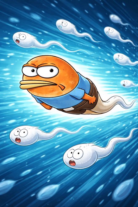 A cartoon illustration depicts an orange fish-like character with a grumpy expression wearing a blue shirt and brown pants, surrounded by surprised-looking sperm cells swimming in blue water.