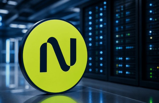 The image features a yellow and black circular logo with "N" inside, sitting on top of a desk near a series of black servers and data centers, likely those used for storing or processing large amounts of information. There are also various data points visible in the background that might be related to the company's operations or projects. The context suggests that this is a business setting focused on technology and computing, possibly providing services such as hardware or software development, storage solutions, or even data analysis.