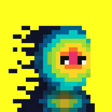 Pixel art style digital artwork featuring a swirling, colorful spiral creature with eyes in the center against a bright yellow background, with pixelated trail effects on the left side.