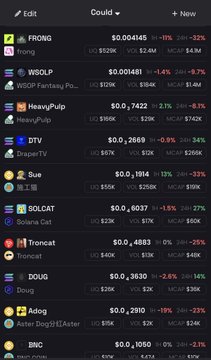 The image shows a mobile screen displaying a list of meme token tickers with prices and percentage changes, including FRONG ($0.004145, -11%), WSOL ($0.001481), DTV ($0.2669), and Sue ($0.1914, +13%). The "Sue" token entry supports the post's claim of significant gains, showing a notable +13% daily increase and an 88K market cap, aligning with the "up 40x" narrative.