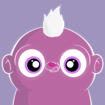 A simple cartoon illustration of a pink character with large eyes, a small white tuft of hair, and a tiny mouth on a lavender background.