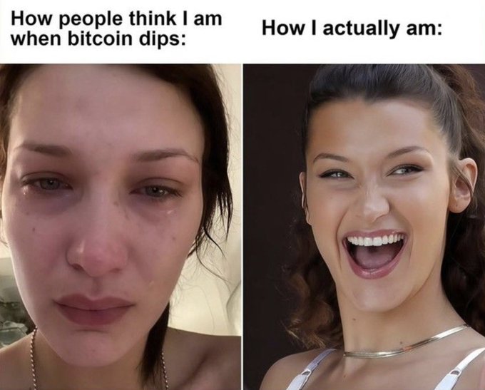 A meme comparing two photos of Bella Hadid: a tearful close-up on the left captioned 'How people think I am when bitcoin dips:' and a glamorous laughing photo on the right captioned 'How I actually am:'.