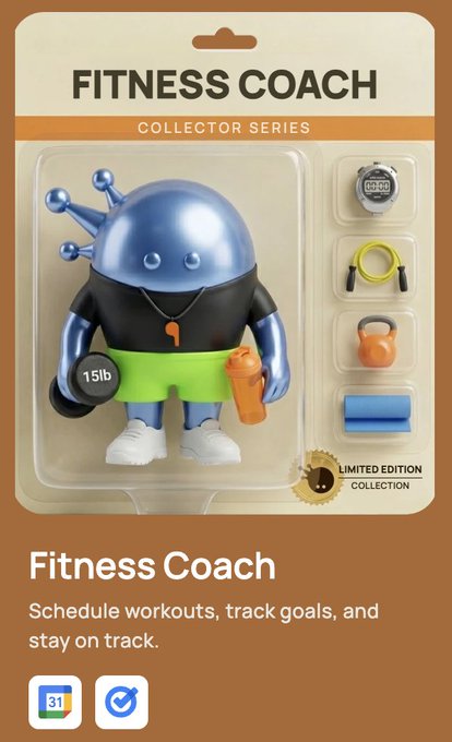 A 3D illustration styled like a blister pack shows a 'FITNESS COACH' figure in a blue helmet and green shorts holding a dumbbell, alongside accessories like a watch, jump rope, kettlebell, and yoga mat, with icons for a calendar (31) and a checkmark.