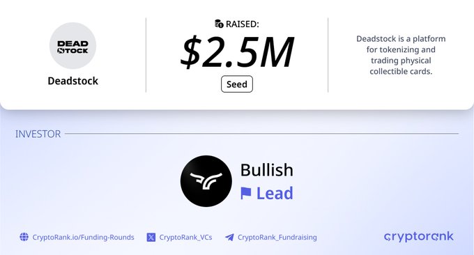 CryptoRank announcement showing Deadstock raised $2.5M in a Seed funding round led by Bullish, confirming the post's details about the tokenized physical collectible cards platform.