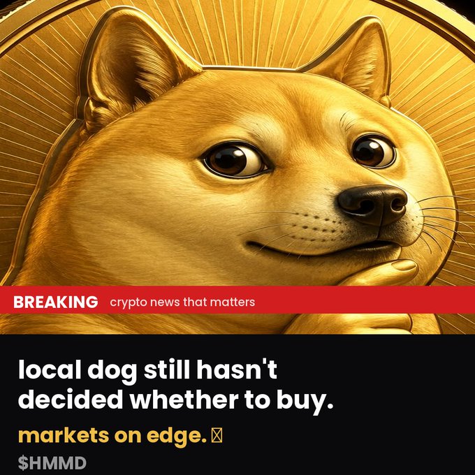 Crypto news graphic featuring a golden Doge statue with the headline 'local dog still hasn't decided whether to buy.' and ticker $HMMD.