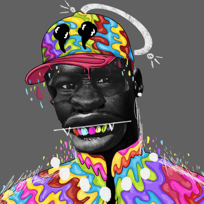 A vibrant digital art illustration of a man's face in black and white, contrasted with colorful melting patterns on his hat and shirt, featuring stylized eyes, a pink brim with dripping paint, and colorful grills on his teeth.