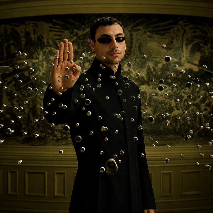 A scene resembling Neo from The Matrix, with a man in a black coat and sunglasses holding up his hand as numerous metal spheres float around him in a greenish-tinted room.