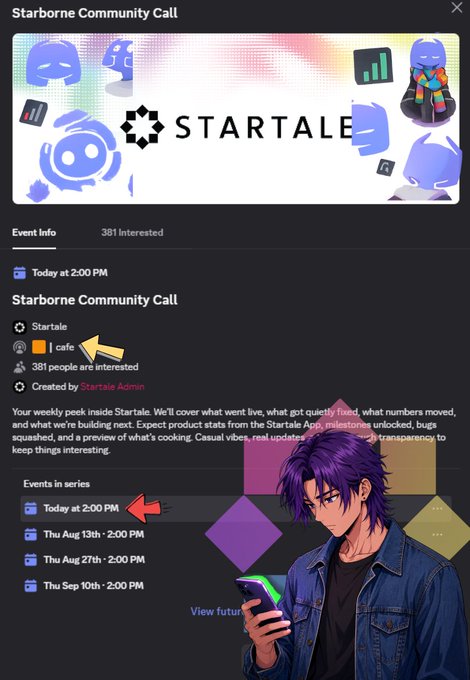 An event page for the "Starborne Community Call" scheduled for today at 2:00 PM, hosted by Startale with 381 people interested and an indication to join the #cafe channel, features arrows pointing to the "cafe" text and the event time. The image supports the accompanying post by highlighting the community call details and the Cafe channel where the discussion is taking place.