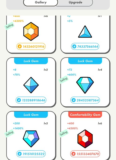 A game or app gallery interface displaying various upgrade gems with stats, including Luck Gems at levels 2, 4, and 5, and a Comfortability Gem at level 6, each with numerical values, percentage bonuses, and 'Selling' tags.