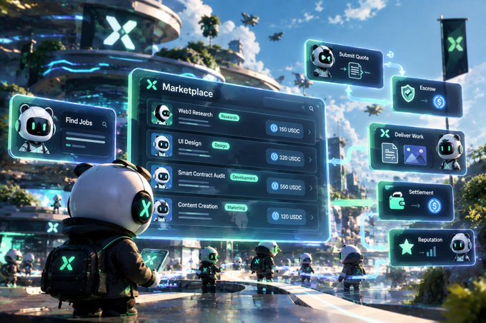 Futuristic sci-fi marketplace scene featuring a panda-like robot character viewing a holographic interface for freelance jobs including Web3 Research, UI Design, Smart Contract Audit, and Content Creation with USDC payments.