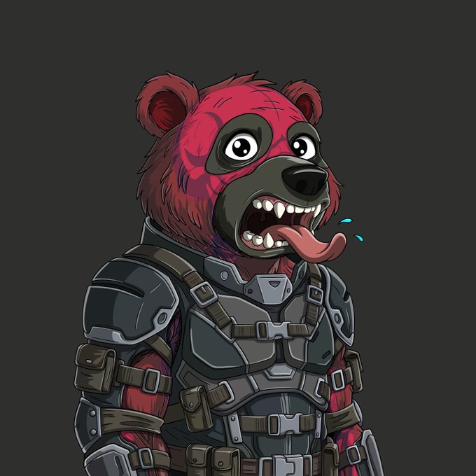 A cartoon-style illustration of a red bear character with wide eyes and an open mouth showing teeth and tongue, wearing dark grey tactical armor with multiple straps and buckles.