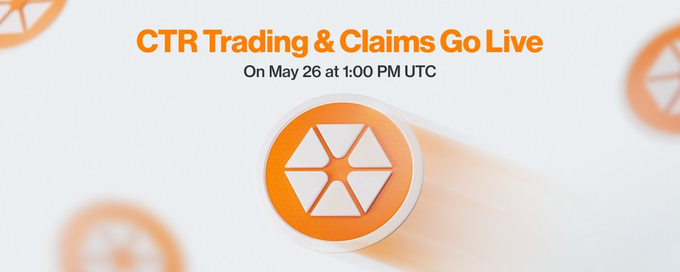 The image features a banner with an orange circle containing a white hexagon, which has the word "claim" written above it. Below this, there are three circles of different sizes, each containing an orange hexagon. The text on the banner reads "CTR Trading & Claims Go Live", and it also mentions that the claim is for cBTC (like all cryptocurrencies on Citrea) and that it will be available at 3 PM CEST.