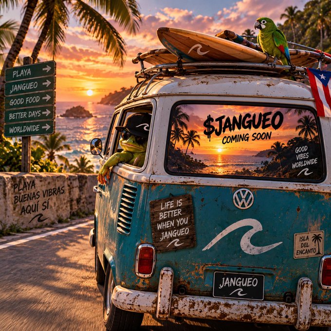A promotional poster-style image featuring a weathered blue vintage Volkswagen van parked on a coastal road at sunset, with surfboards on the roof rack, a parrot, a frog in sunglasses leaning out the window, and Spanish/English text including '$JANGUEO COMING SOON', 'PLAYA', 'BUENAS VIBRAS AQUI SI', and 'GOOD VIBES WORLDWIDE'.