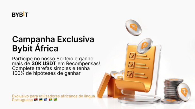 The image features a poster for an Africa campaign by Bybit, promoting their exclusive currency option. It contains several coins of different sizes, some attached to a calculator-like device, likely a wallet or purse, suggesting that users can perform transactions with these coins using the Bybit app on their mobile devices. The post also mentions that a 10% chance to win US dollars in exchange for sharing and retweeting the post would be $200 in USDT.